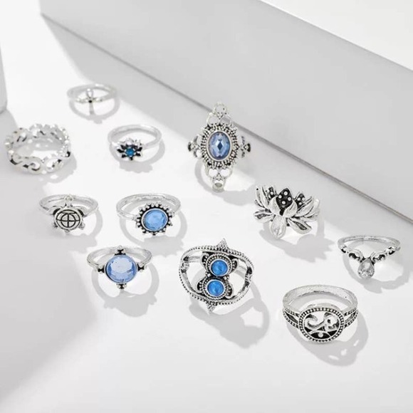 11 Piece Blue Crystal Turtle Midi Silver Tone Ring Set - Picture 3 of 7